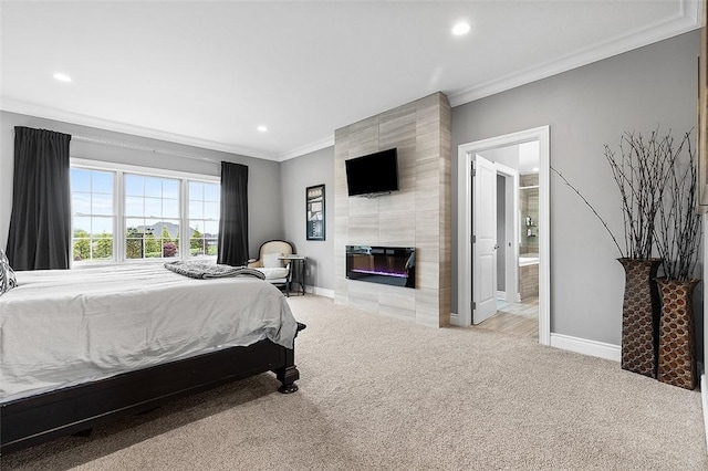 197 Wellington Cir, Peters Twp, PA 15317 - bedroom featuring ornamental molding, baseboards, recessed lighting, carpet floors, and a tile fireplace