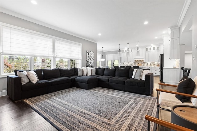 197 Wellington Cir, Peters Twp, PA 15317 - living room with healthy amount of natural light, dark wood-type flooring, crown molding, and recessed lighting
