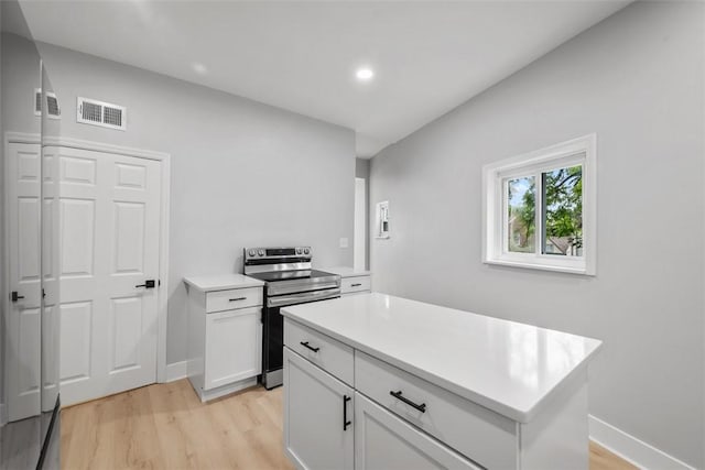5437 Rosetta St, Garfield, PA 15206 - kitchen featuring stainless steel electric range, light wood-type flooring, light countertops, white cabinetry, and recessed lighting