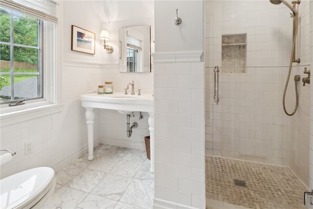 254 Orchard Dr, Mt Lebanon, PA 15228 - full bath featuring a shower stall, tile walls, toilet, marble finish flooring, and a wainscoted wall