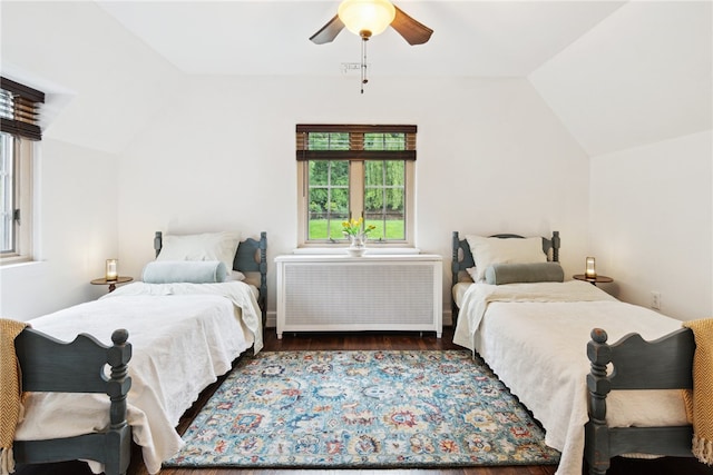 254 Orchard Dr, Mt Lebanon, PA 15228 - bedroom featuring radiator heating unit, vaulted ceiling, wood finished floors, and ceiling fan