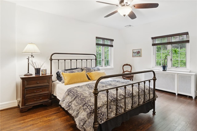 254 Orchard Dr, Mt Lebanon, PA 15228 - bedroom featuring radiator, dark wood-type flooring, baseboards, ceiling fan, and vaulted ceiling