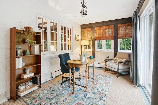 254 Orchard Dr, Mt Lebanon, PA 15228 - office with a baseboard radiator, carpet, and brick wall
