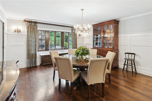 254 Orchard Dr, Mt Lebanon, PA 15228 - dining space with a decorative wall, a chandelier, crown molding, dark wood-style floors, and wainscoting