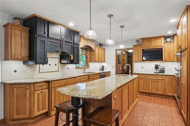 150 Greenfield Rd, Neshannock Twp, PA 16105 - kitchen featuring a sink, black electric cooktop, brick floors, and recessed lighting