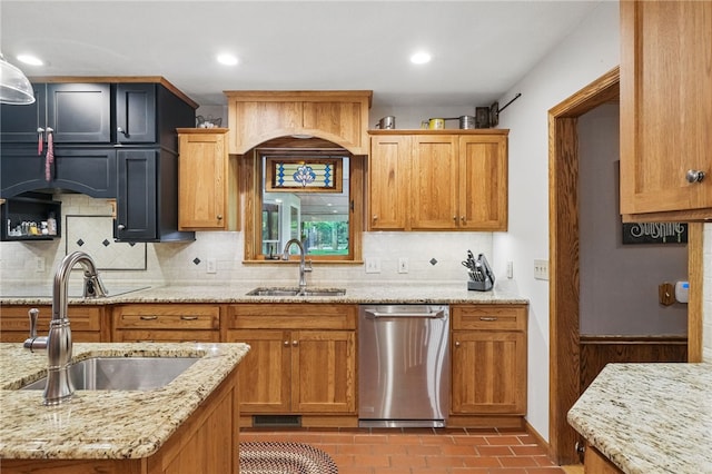 150 Greenfield Rd, Neshannock Twp, PA 16105 - kitchen with stainless steel dishwasher, a sink, decorative backsplash, brick patterned flooring, and recessed lighting