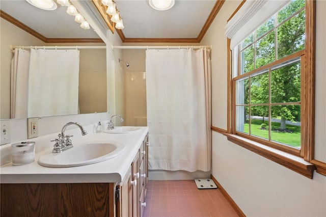 150 Greenfield Rd, Neshannock Twp, PA 16105 - bathroom with plenty of natural light, crown molding, double vanity, and a shower with shower curtain