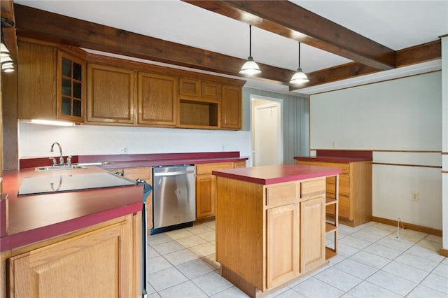 506 E End Road Ext, Bullskin Twp, PA 15425 - kitchen featuring dishwasher, beam ceiling, light tile patterned flooring, a sink, and a center island