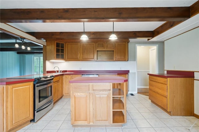 506 E End Road Ext, Bullskin Twp, PA 15425 - kitchen with stainless steel electric range oven, open shelves, a kitchen island, beam ceiling, and light tile patterned floors