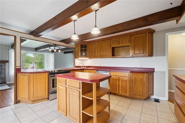 506 E End Road Ext, Bullskin Twp, PA 15425 - kitchen with stainless steel appliances, open shelves, beam ceiling, and light tile patterned flooring