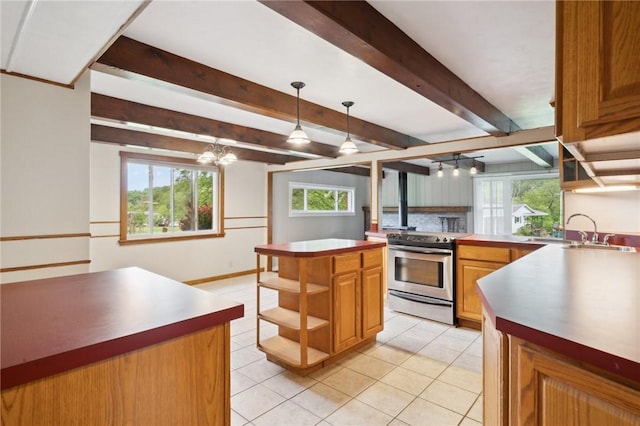 506 E End Road Ext, Bullskin Twp, PA 15425 - kitchen with stainless steel range with electric stovetop, open shelves, plenty of natural light, light tile patterned flooring, and beam ceiling