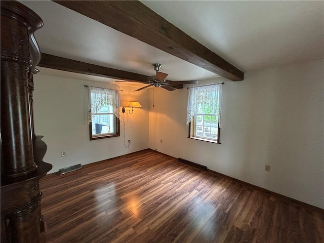 319 Wahl Ave, Evans City Boro, PA 16033 - spare room featuring beamed ceiling, plenty of natural light, wood finished floors, a ceiling fan, and baseboards