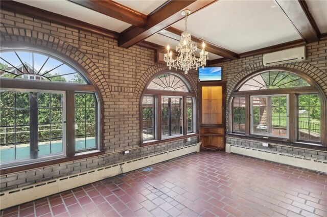 421 E Moody Ave, New Castle/2Nd, PA 16105 - unfurnished sunroom featuring a wall unit AC, beamed ceiling, a chandelier, baseboard heating, and a baseboard heating unit
