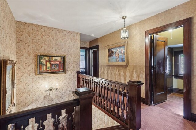 421 E Moody Ave, New Castle/2Nd, PA 16105 - hallway with an upstairs landing, carpet, and wallpapered walls