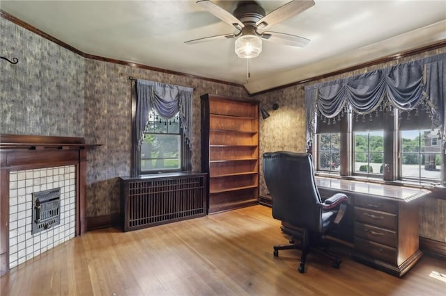 421 E Moody Ave, New Castle/2Nd, PA 16105 - office with plenty of natural light, hardwood / wood-style flooring, ceiling fan, crown molding, and wallpapered walls