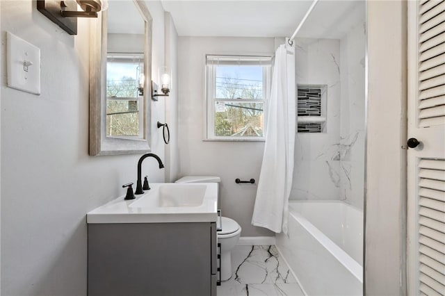 507 Greendale Ave, Edgewood, PA 15218 - bathroom featuring marble finish flooring, vanity, toilet, shower / bathtub combination with curtain, and baseboards