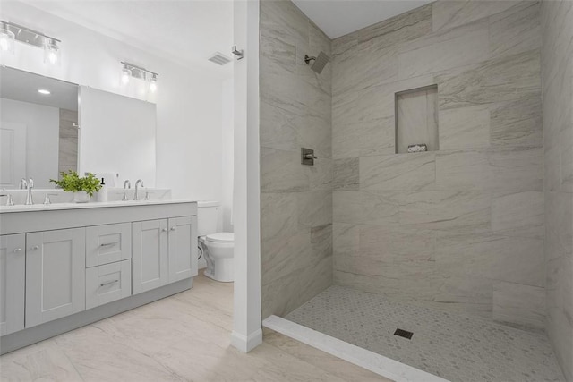 153 Birchwood Way, Irwin, PA 15642 - bathroom featuring toilet, a tile shower, double vanity, and marble finish floors