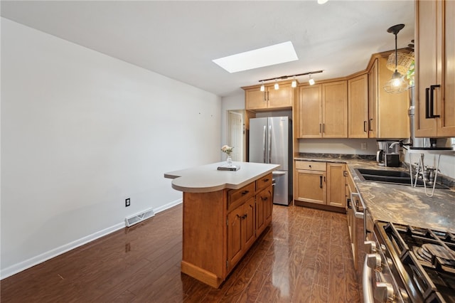 125 Srader Grove Rd, South Buffalo Twp, PA 16229 - kitchen featuring appliances with stainless steel finishes, a skylight, dark wood-type flooring, and a sink