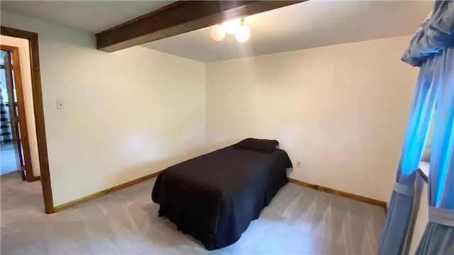 1303 Forest Ave, New Kensington, PA 15068 - bedroom featuring light colored carpet, baseboards, beamed ceiling, and ceiling fan