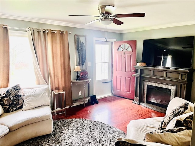 300 Beechwood Ave, Farrell, PA 16121 - living room with ceiling fan, a glass covered fireplace, wood finished floors, and ornamental molding