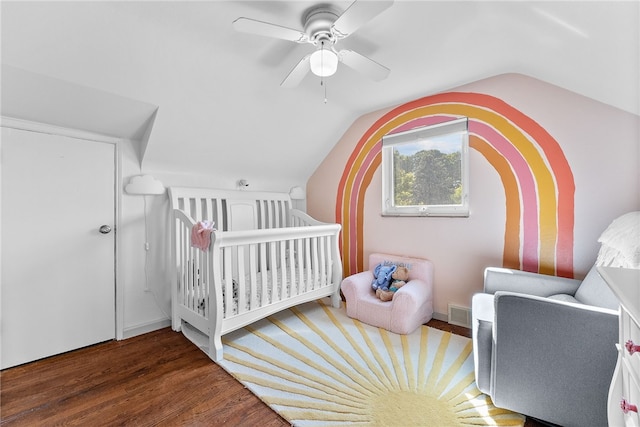 5101 Azalea Dr, Whitehall, PA 15236 - bedroom featuring wood finished floors, a nursery area, vaulted ceiling, and a ceiling fan