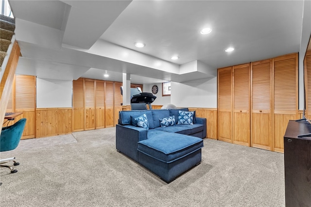 5101 Azalea Dr, Whitehall, PA 15236 - living room with carpet flooring, wainscoting, wood walls, and recessed lighting