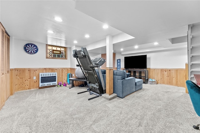 5101 Azalea Dr, Whitehall, PA 15236 - exercise room featuring heating unit, wainscoting, carpet, wood walls, and recessed lighting