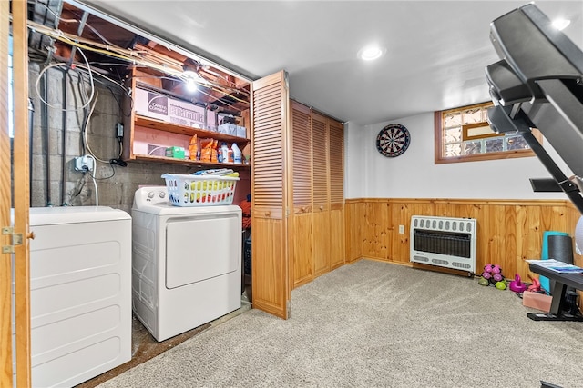 5101 Azalea Dr, Whitehall, PA 15236 - washroom with heating unit, washing machine and clothes dryer, wood walls, carpet flooring, and a wainscoted wall