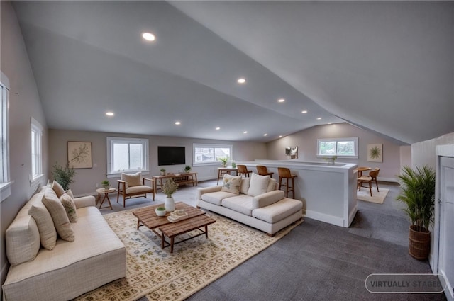 1204 Cambridge St, Natrona Hts/Harrison Twp, PA 15065 - living area featuring lofted ceiling, recessed lighting, dark colored carpet, and baseboards