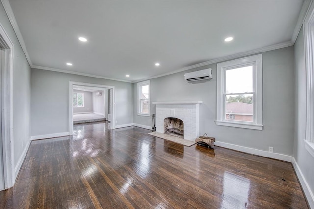 1204 Cambridge St, Natrona Hts/Harrison Twp, PA 15065 - unfurnished living room with an AC wall unit, ornamental molding, a fireplace, baseboards, and recessed lighting