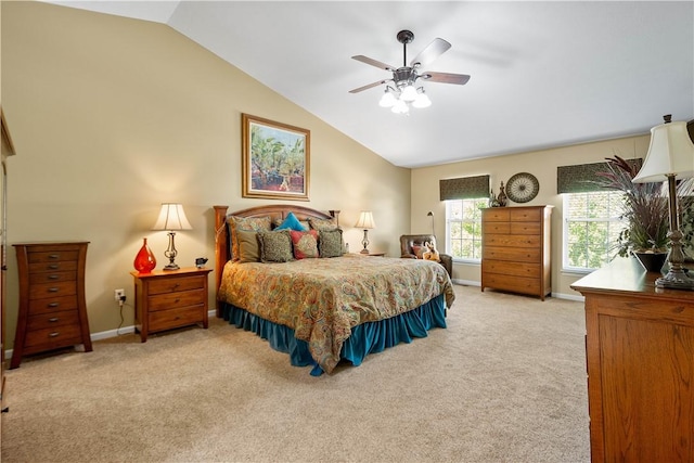 5121 Forest Ridge Dr, South Fayette, PA 15057 - bedroom with vaulted ceiling, light colored carpet, baseboards, and a ceiling fan
