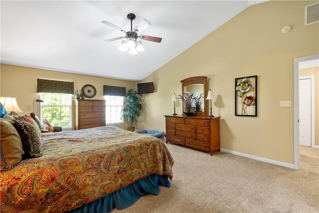 5121 Forest Ridge Dr, South Fayette, PA 15057 - carpeted bedroom with high vaulted ceiling, baseboards, and ceiling fan
