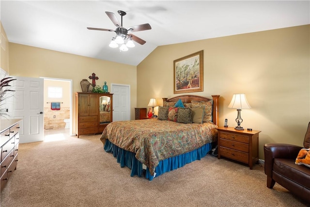 5121 Forest Ridge Dr, South Fayette, PA 15057 - bedroom with light colored carpet, vaulted ceiling, ensuite bathroom, and ceiling fan