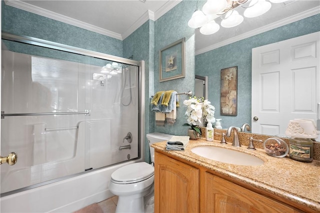 5121 Forest Ridge Dr, South Fayette, PA 15057 - full bath featuring vanity, toilet, ornamental molding, combined bath / shower with glass door, and a chandelier
