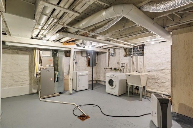19 Telescope St, South Side, PA 15203 - unfinished below grade area featuring washer and clothes dryer, a sink, electric panel, and heating unit