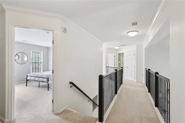 319 Buffalo Ridge Rd, Peters Twp, PA 15317 - corridor featuring an upstairs landing, light carpet, baseboards, and crown molding
