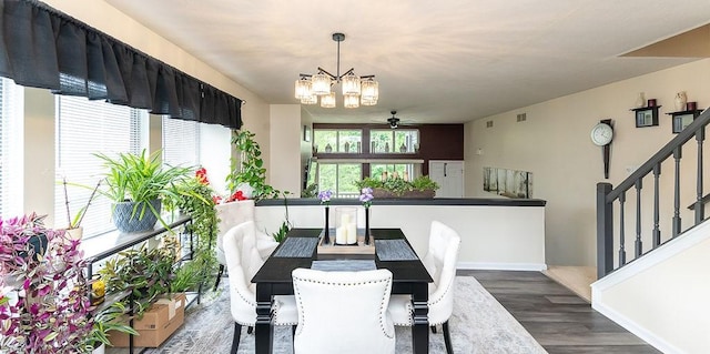 1099 Riverside Dr Unit H, Bridgewater, PA 15009 - dining space with ceiling fan, wood finished floors, a chandelier, stairway, and baseboards