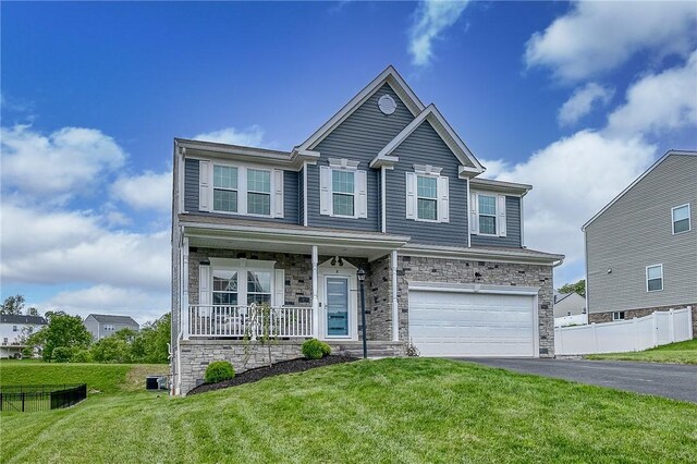 8 Pony Ct, Findlay Twp, PA 15126 - traditional home with a garage, a porch, driveway, and stone siding