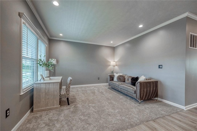 8 Pony Ct, Findlay Twp, PA 15126 - carpeted living room featuring recessed lighting, baseboards, wood finished floors, an office area, and ornamental molding