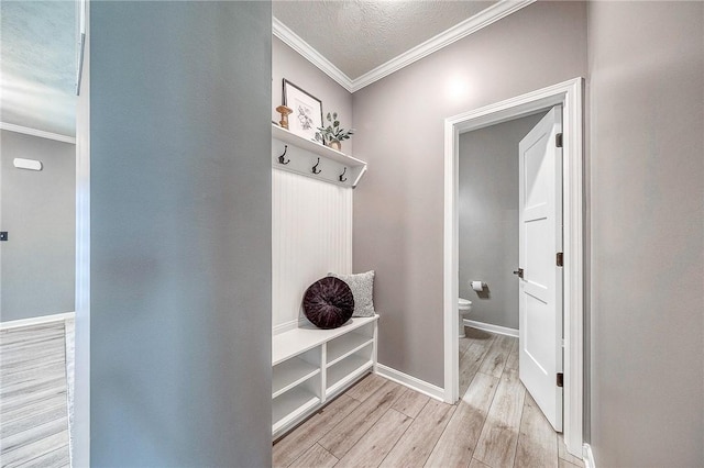 8 Pony Ct, Findlay Twp, PA 15126 - mudroom with light wood-style floors, crown molding, a textured ceiling, and baseboards