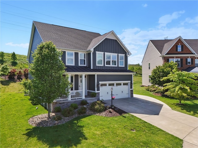 1340 Diamond Ct, Upper St Clair, PA 15241 - view of front of home featuring covered porch, board and batten siding, driveway, a garage, and a standing seam roof