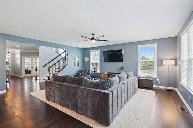 1340 Diamond Ct, Upper St Clair, PA 15241 - living area featuring stairway, dark wood-type flooring, ceiling fan, baseboards, and plenty of natural light