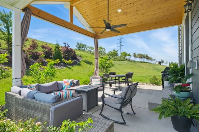 1340 Diamond Ct, Upper St Clair, PA 15241 - view of patio featuring an outdoor living space with a fire pit, a ceiling fan, and outdoor dining area