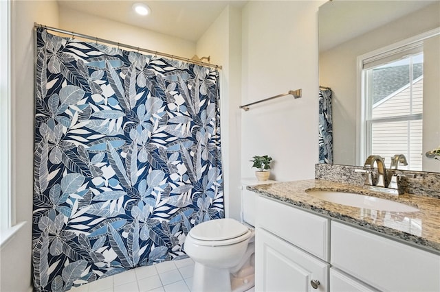 1340 Diamond Ct, Upper St Clair, PA 15241 - bathroom with vanity, toilet, tile patterned flooring, a shower with shower curtain, and recessed lighting