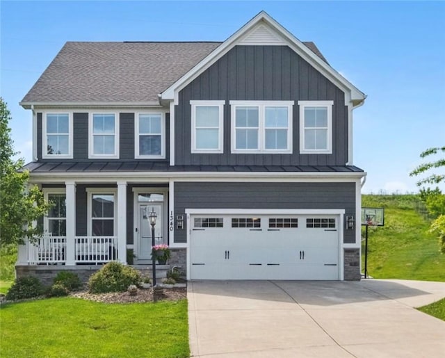 1340 Diamond Ct, Upper St Clair, PA 15241 - craftsman-style house with a porch, a standing seam roof, driveway, and a front lawn