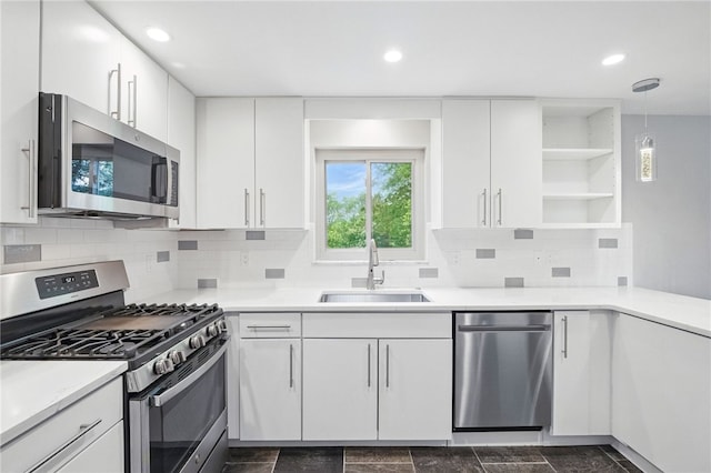 306 Tadmar Ave, Ross Twp, PA 15237 - kitchen featuring stainless steel appliances, a sink, open shelves, white cabinets, and recessed lighting