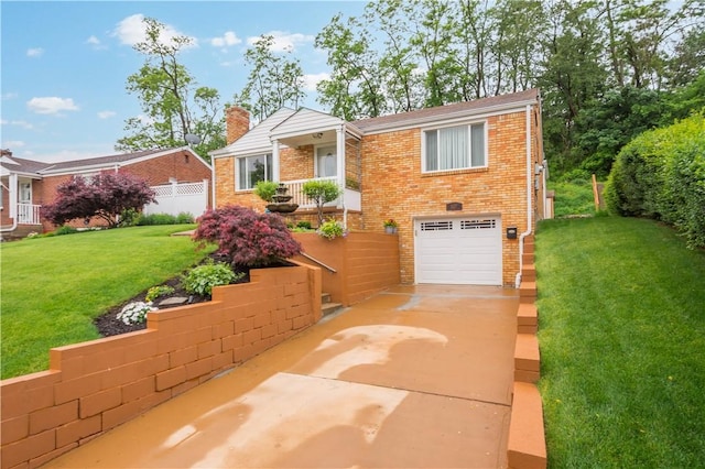 1137 Michael Dr, Baldwin Boro, PA 15227 - view of front of house featuring a garage, a chimney, brick siding, concrete driveway, and a front lawn