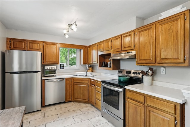 244 Burch Dr, Coraopolis, PA 15108 - kitchen with stainless steel appliances, under cabinet range hood, a sink, and brown cabinets