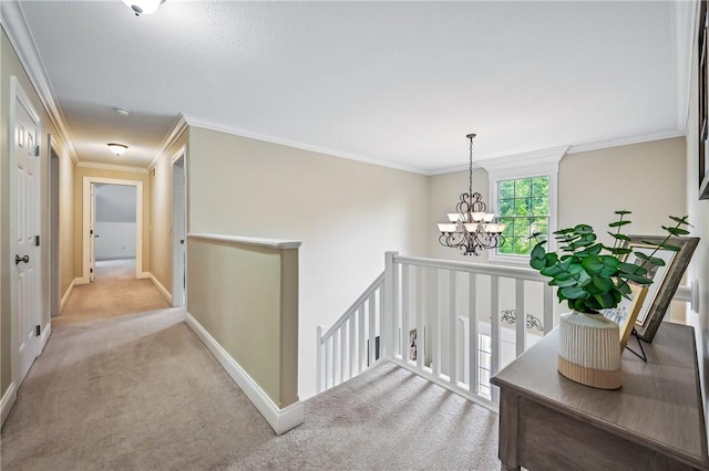 2104 Pierce Bluffs Dr, Hermitage, PA 16148 - hall with an upstairs landing, carpet floors, crown molding, a chandelier, and baseboards