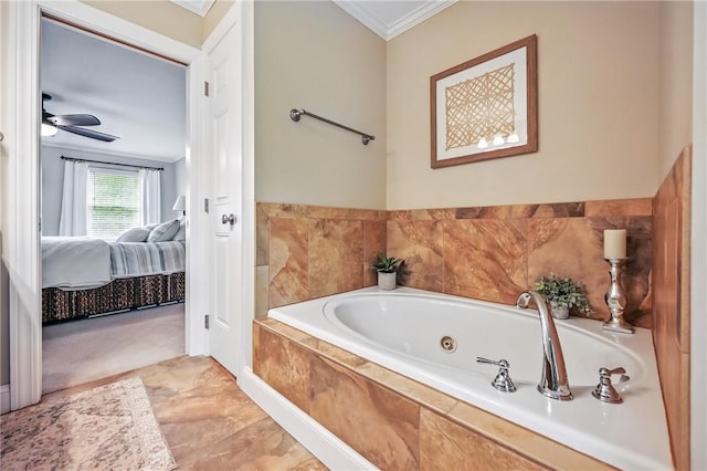 2104 Pierce Bluffs Dr, Hermitage, PA 16148 - full bathroom with connected bathroom, crown molding, a tub with jets, and a ceiling fan